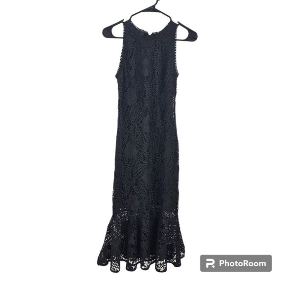 Shoshanna Midnight Dress Black Sleeveless Lace Cocktail Ruffle Hem